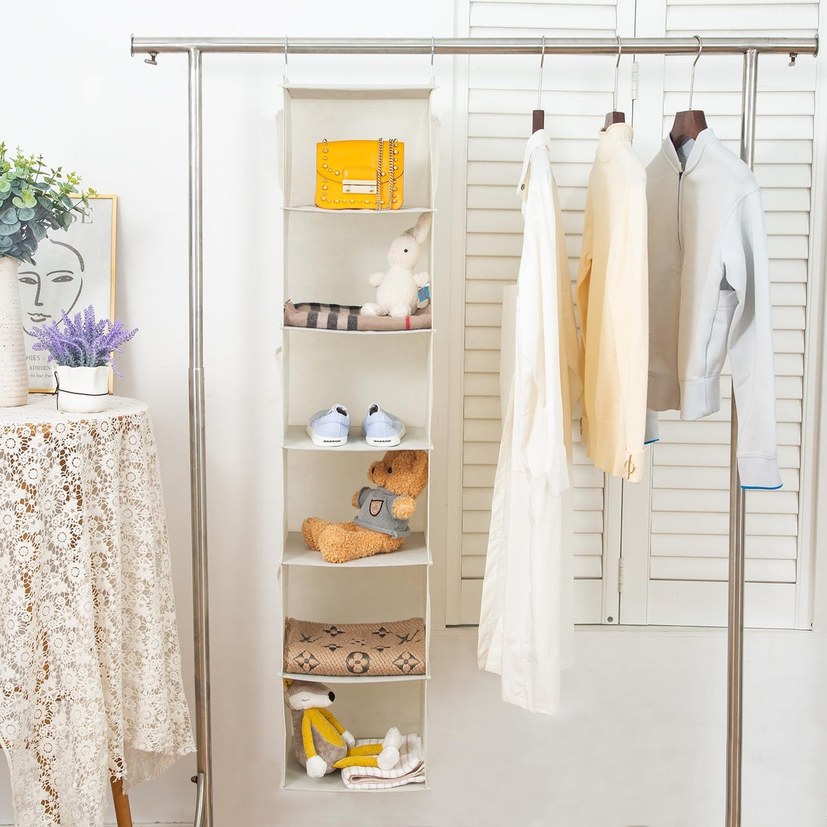 2 Pack 6 Shelves Hanging Closet Organizer with 2 Drawer, Hanging Storage with 4 Side Pockets for Clothes Shoes, 43.5"x12"x12"(Gray)