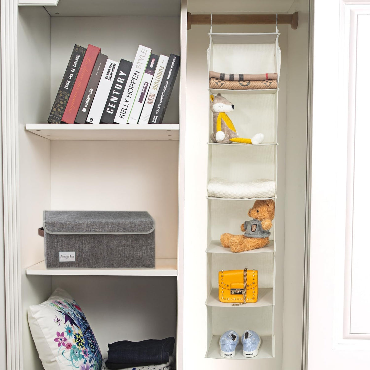 2 Pack 6 Shelves Hanging Closet Organizer with 2 Drawer, Hanging Storage with 4 Side Pockets for Clothes Shoes, 43.5"x12"x12"(Gray)