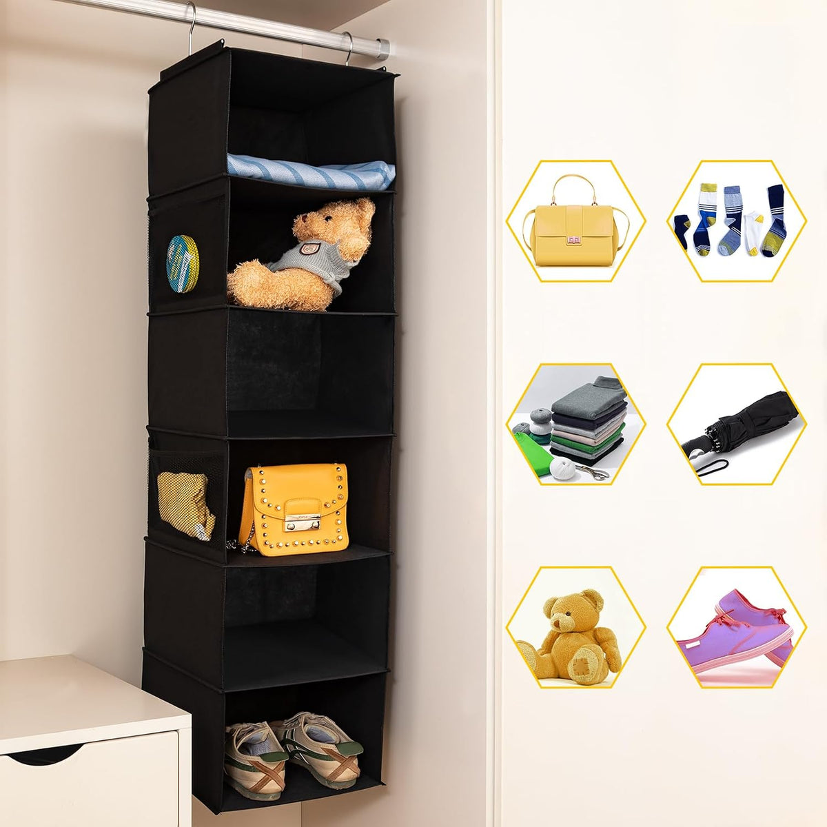 2 Pack 6 Shelves Hanging Closet Organizer with 2 Drawer, Hanging Storage with 4 Side Pockets for Clothes Shoes, 43.5"x12"x12"(Gray)