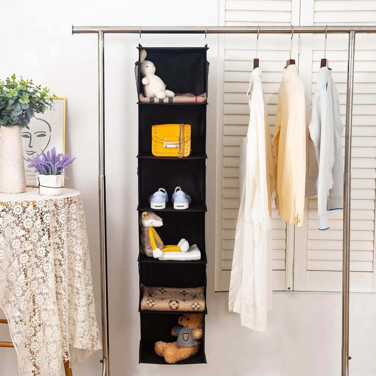 2 Pack 6 Shelves Hanging Closet Organizer with 2 Drawer, Hanging Storage with 4 Side Pockets for Clothes Shoes, 43.5"x12"x12"(Gray)