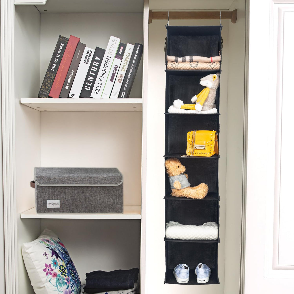 2 Pack 6 Shelves Hanging Closet Organizer with 2 Drawer, Hanging Storage with 4 Side Pockets for Clothes Shoes, 43.5"x12"x12"(Gray)