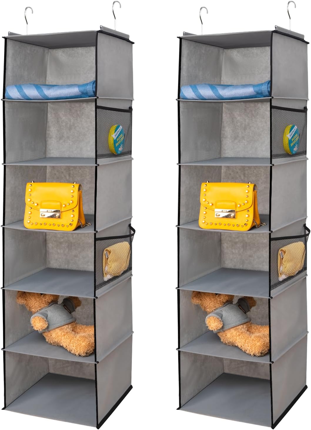 2 Pack 6 Shelves Hanging Closet Organizer with 2 Drawer, Hanging Storage with 4 Side Pockets for Clothes Shoes, 43.5"x12"x12"(Gray)