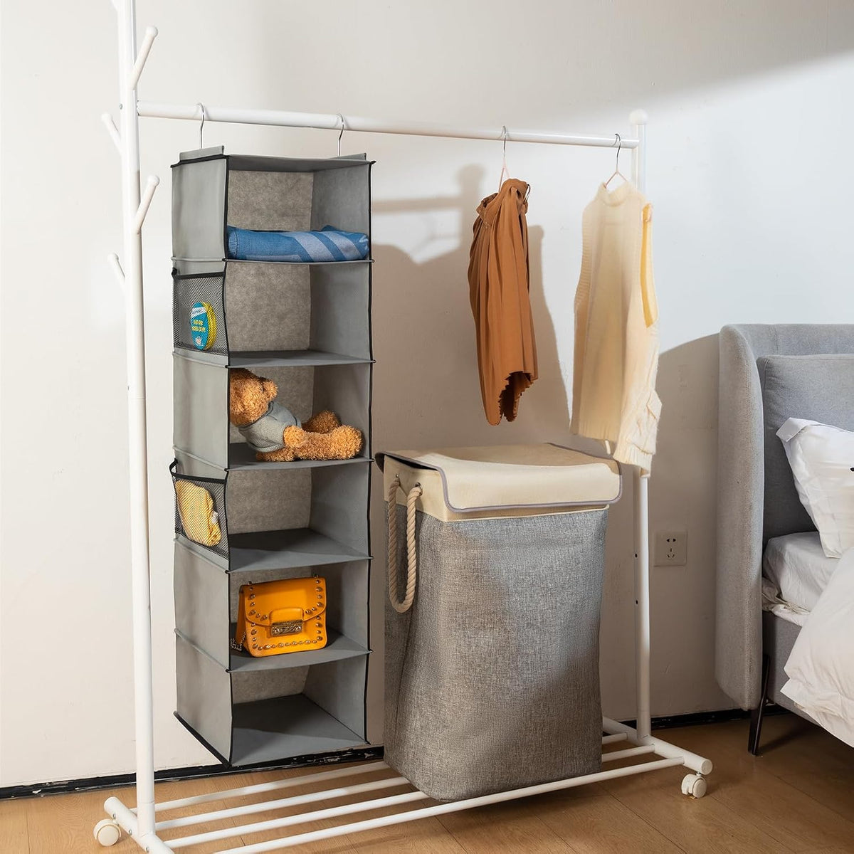2 Pack 6 Shelves Hanging Closet Organizer with 2 Drawer, Hanging Storage with 4 Side Pockets for Clothes Shoes, 43.5"x12"x12"(Gray)
