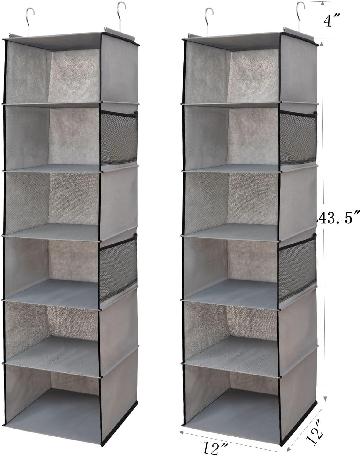 2 Pack 6 Shelves Hanging Closet Organizer with 2 Drawer, Hanging Storage with 4 Side Pockets for Clothes Shoes, 43.5"x12"x12"(Gray)