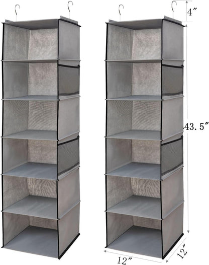 2 Pack 6 Shelves Hanging Closet Organizer with 2 Drawer, Hanging Storage with 4 Side Pockets for Clothes Shoes, 43.5"x12"x12"(Gray)