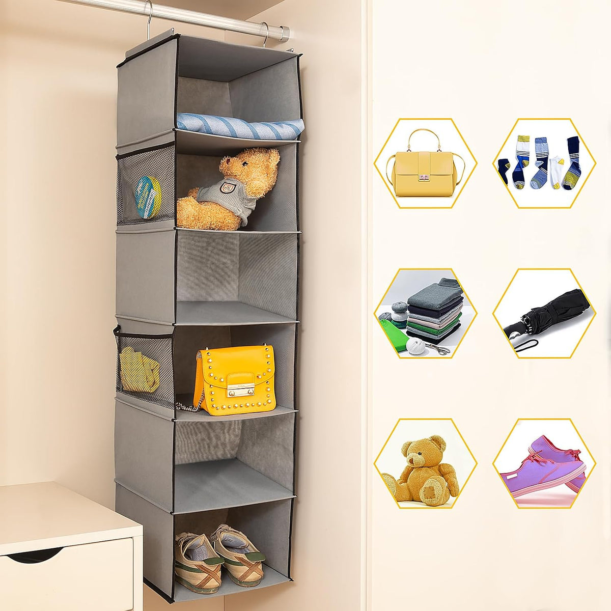 2 Pack 6 Shelves Hanging Closet Organizer with 2 Drawer, Hanging Storage with 4 Side Pockets for Clothes Shoes, 43.5"x12"x12"(Gray)