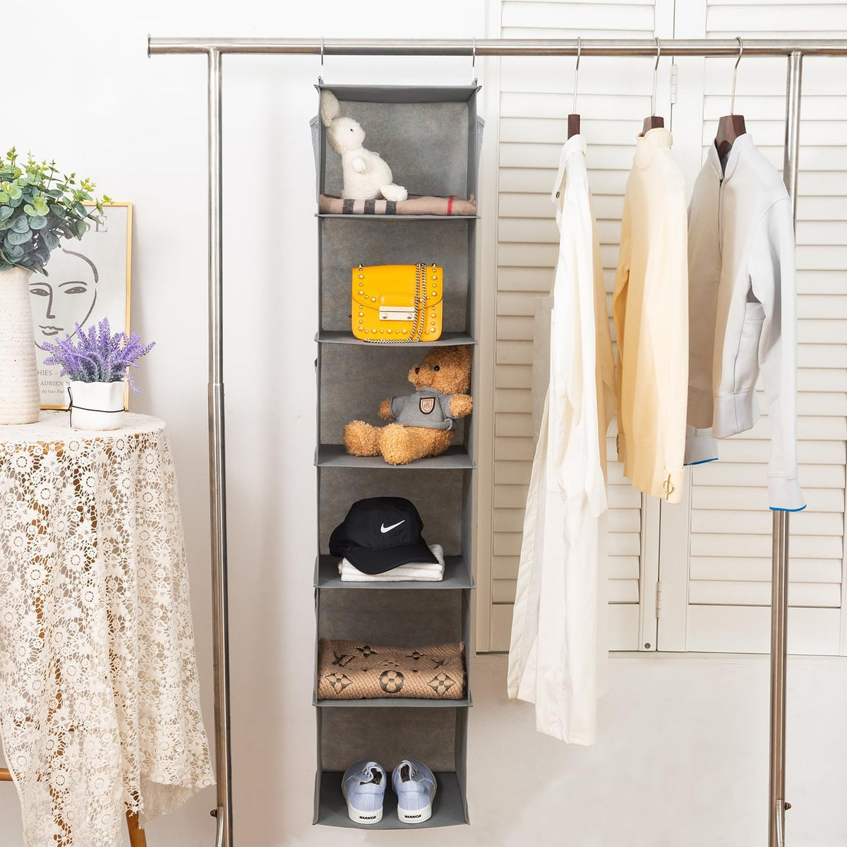 2 Pack 6 Shelves Hanging Closet Organizer with 2 Drawer, Hanging Storage with 4 Side Pockets for Clothes Shoes, 43.5"x12"x12"(Gray)