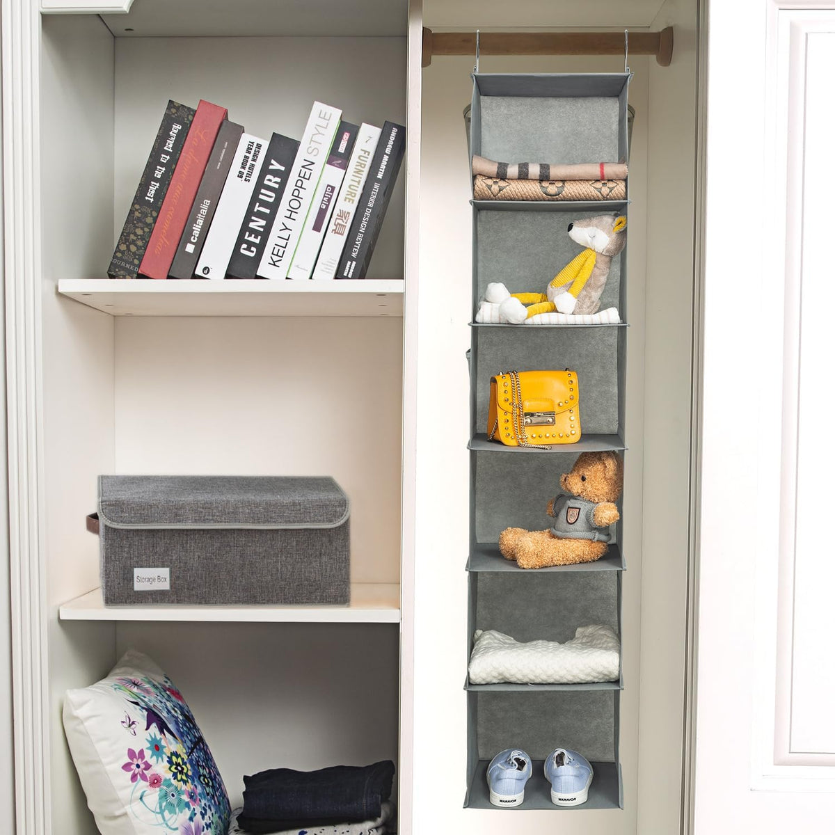 2 Pack 6 Shelves Hanging Closet Organizer with 2 Drawer, Hanging Storage with 4 Side Pockets for Clothes Shoes, 43.5"x12"x12"(Gray)