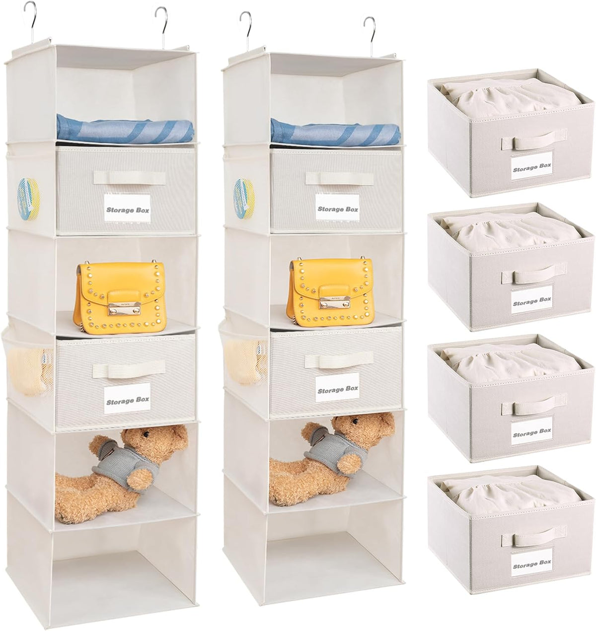 2 Pack 6 Shelves Hanging Closet Organizer with 2 Drawer, Hanging Storage with 4 Side Pockets for Clothes Shoes, 43.5"x12"x12"(Gray)