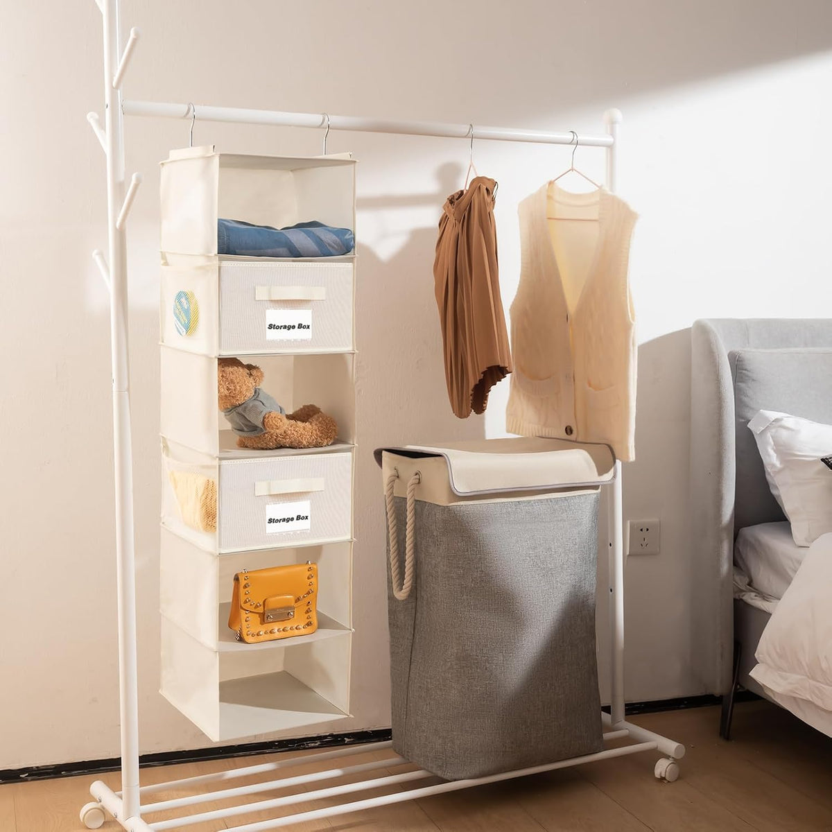 2 Pack 6 Shelves Hanging Closet Organizer with 2 Drawer, Hanging Storage with 4 Side Pockets for Clothes Shoes, 43.5"x12"x12"(Gray)
