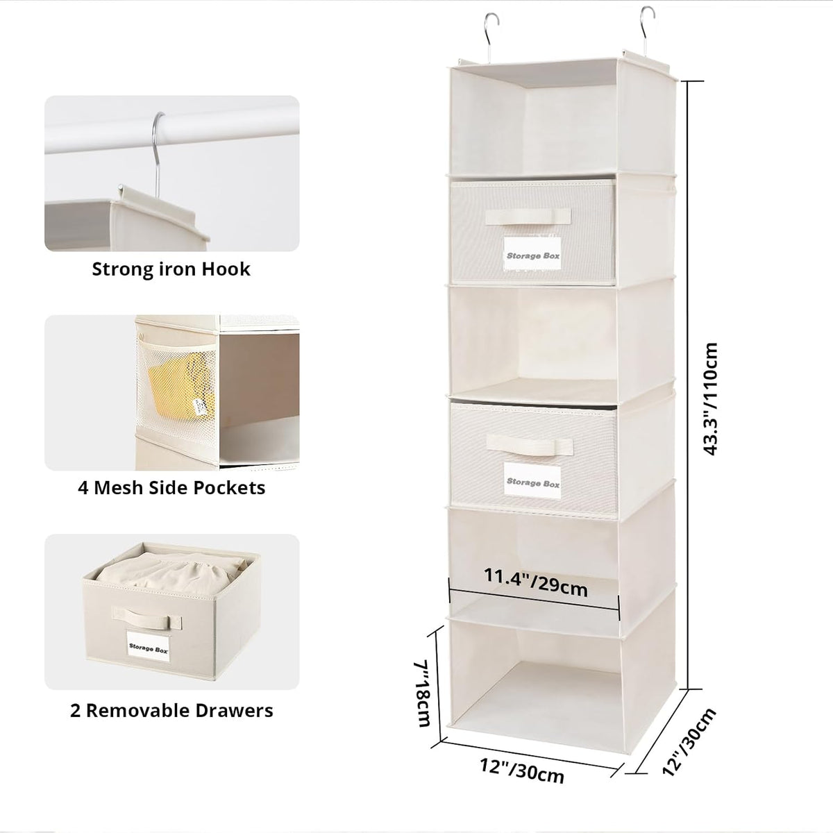 2 Pack 6 Shelves Hanging Closet Organizer with 2 Drawer, Hanging Storage with 4 Side Pockets for Clothes Shoes, 43.5"x12"x12"(Gray)