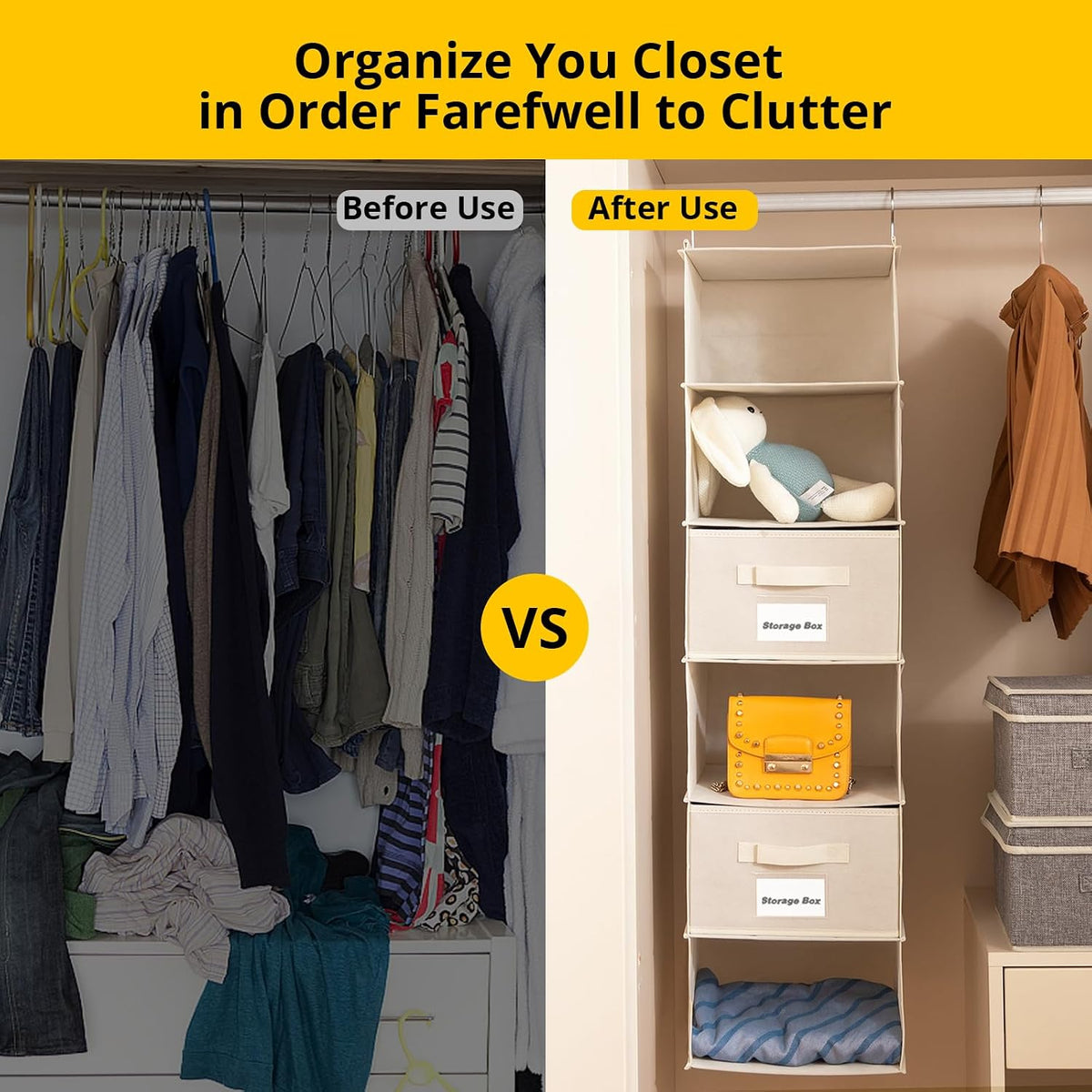 2 Pack 6 Shelves Hanging Closet Organizer with 2 Drawer, Hanging Storage with 4 Side Pockets for Clothes Shoes, 43.5"x12"x12"(Gray)