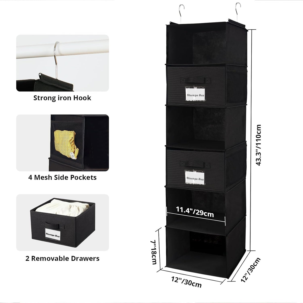 2 Pack 6 Shelves Hanging Closet Organizer with 2 Drawer, Hanging Storage with 4 Side Pockets for Clothes Shoes, 43.5"x12"x12"(Gray)