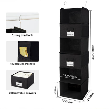 2 Pack 6 Shelves Hanging Closet Organizer with 2 Drawer, Hanging Storage with 4 Side Pockets for Clothes Shoes, 43.5"x12"x12"(Gray)