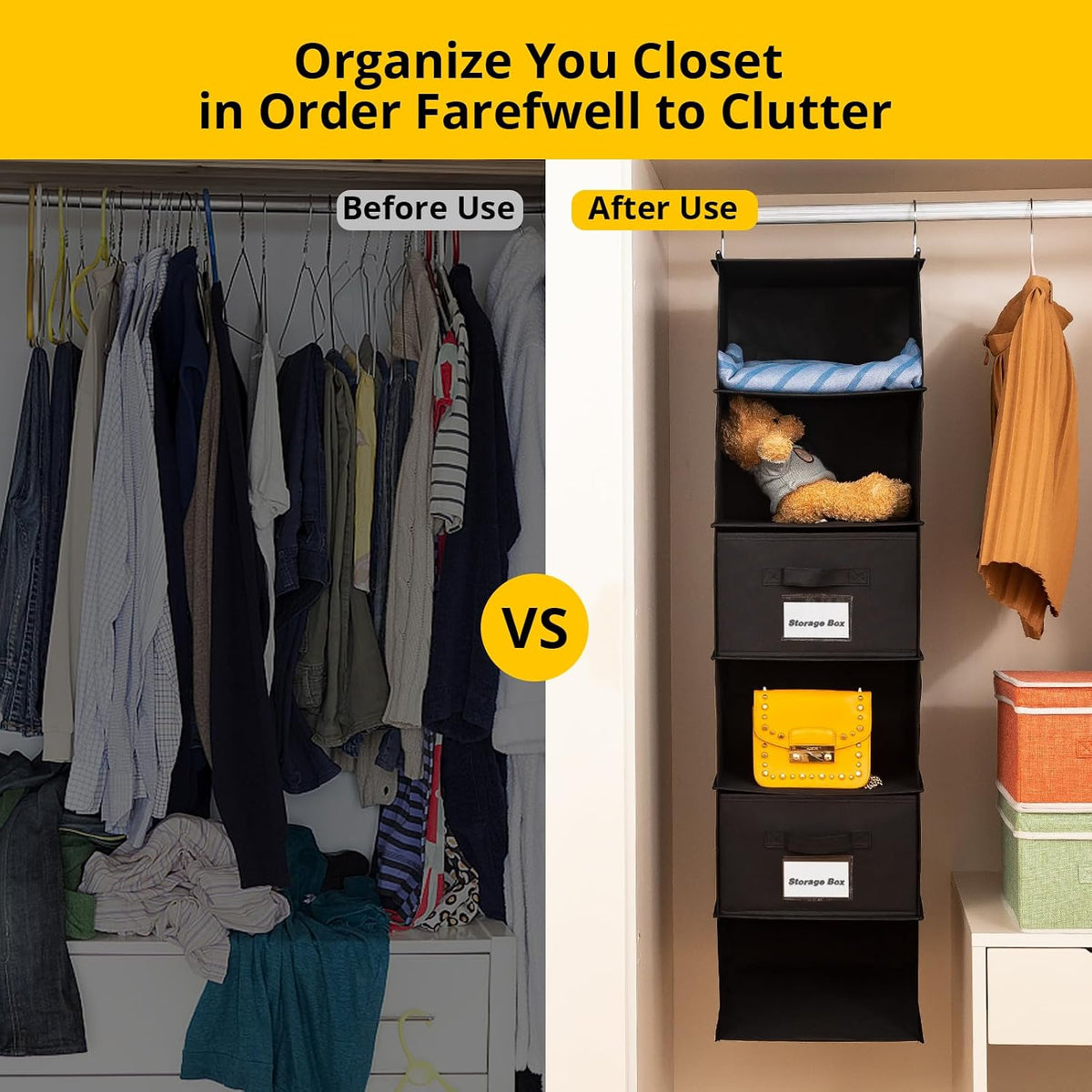 2 Pack 6 Shelves Hanging Closet Organizer with 2 Drawer, Hanging Storage with 4 Side Pockets for Clothes Shoes, 43.5"x12"x12"(Gray)