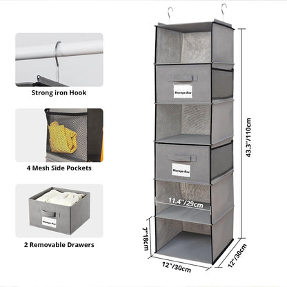 2 Pack 6 Shelves Hanging Closet Organizer with 2 Drawer, Hanging Storage with 4 Side Pockets for Clothes Shoes, 43.5"x12"x12"(Gray)