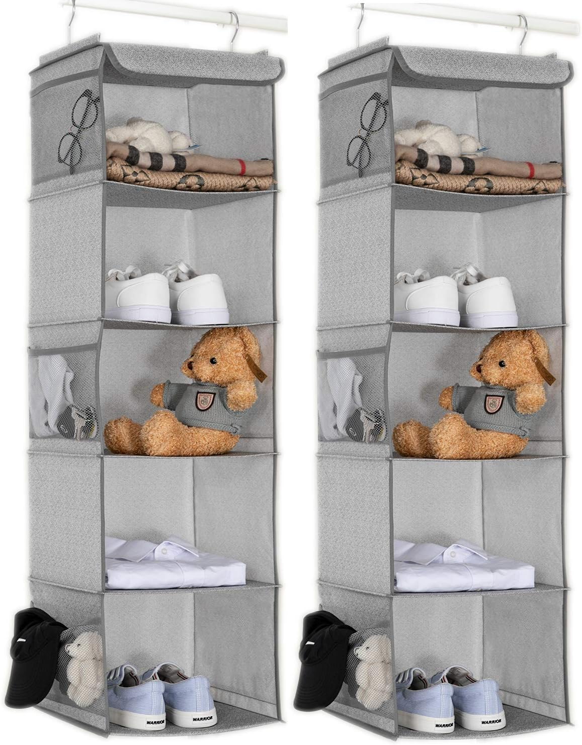 2 Pack 6 Shelves Hanging Closet Organizer with 2 Drawer, Hanging Storage with 4 Side Pockets for Clothes Shoes, 43.5"x12"x12"(Gray)