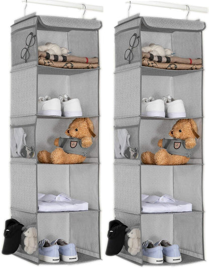 2 Pack 6 Shelves Hanging Closet Organizer with 2 Drawer, Hanging Storage with 4 Side Pockets for Clothes Shoes, 43.5"x12"x12"(Gray)