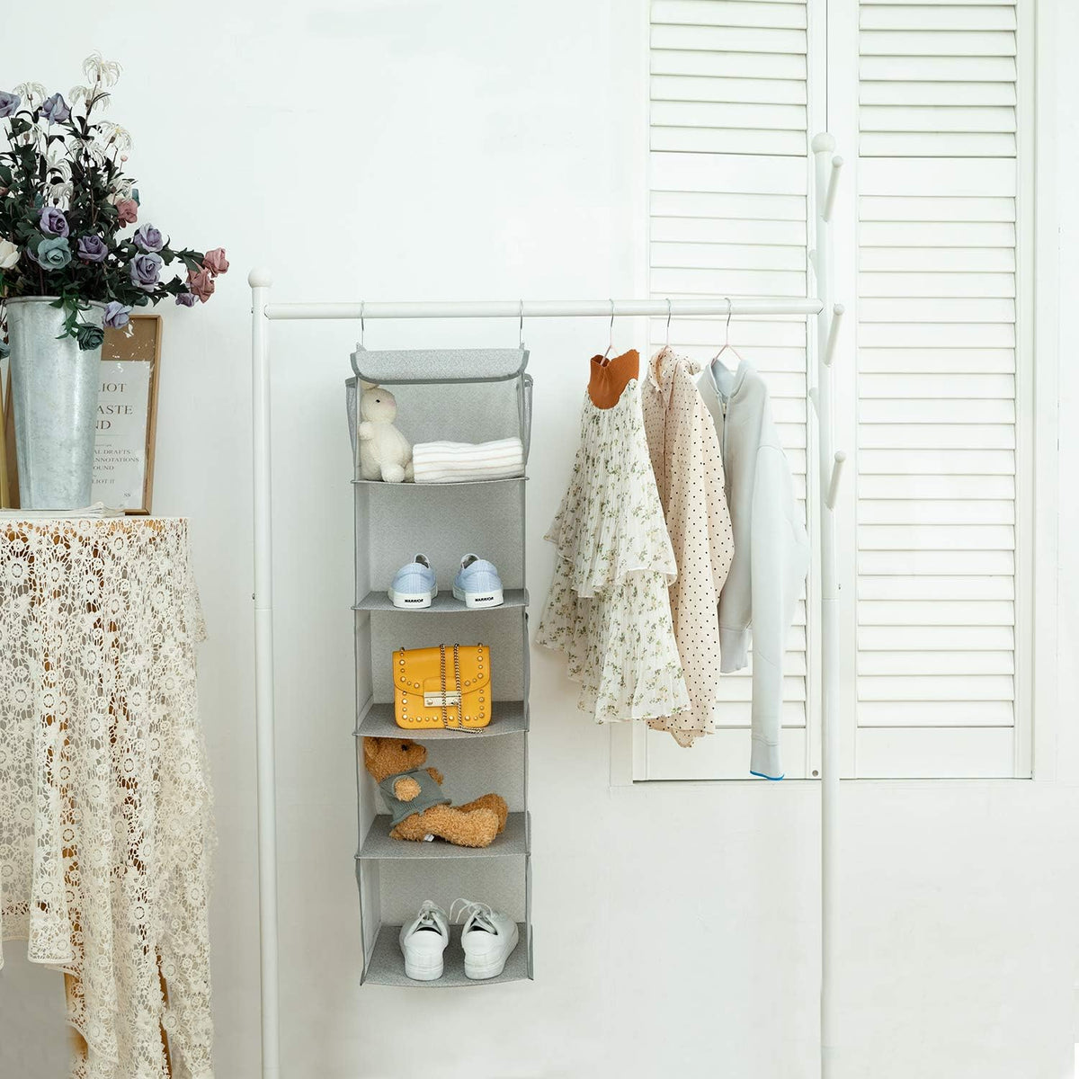 2 Pack 6 Shelves Hanging Closet Organizer with 2 Drawer, Hanging Storage with 4 Side Pockets for Clothes Shoes, 43.5"x12"x12"(Gray)