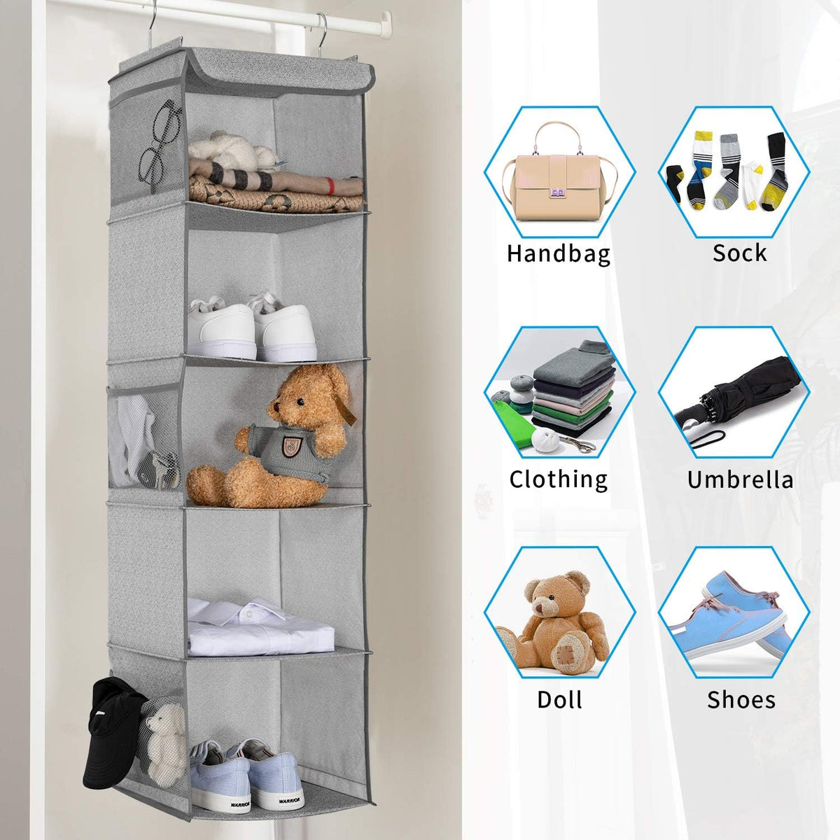 2 Pack 6 Shelves Hanging Closet Organizer with 2 Drawer, Hanging Storage with 4 Side Pockets for Clothes Shoes, 43.5"x12"x12"(Gray)