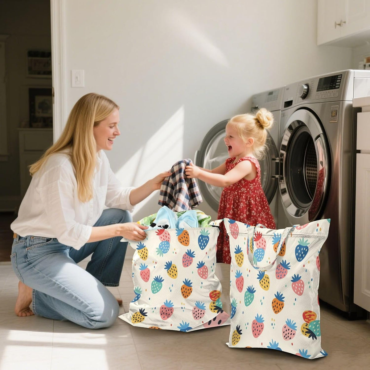 Colorful Strawberries Waterproof Travel Laundry Bag Reusable Set of 2
