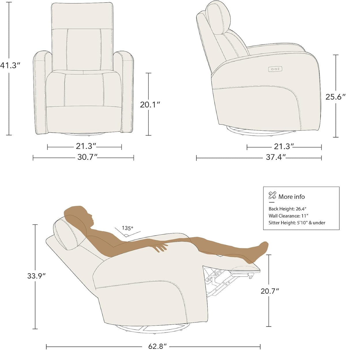 Genuine Leather Power Recliner Chair for Adults, Swivel Glider, Brown