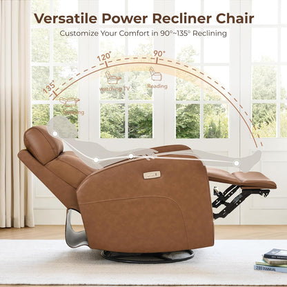 Genuine Leather Power Recliner Chair for Adults, Swivel Glider, Brown