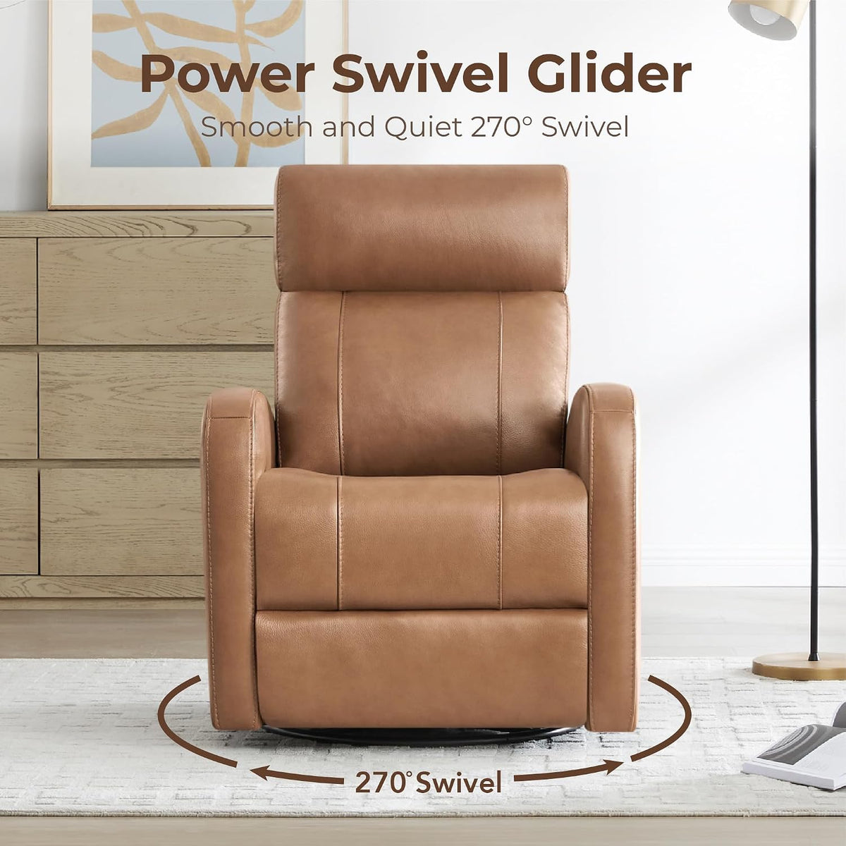 Genuine Leather Power Recliner Chair for Adults, Swivel Glider, Brown