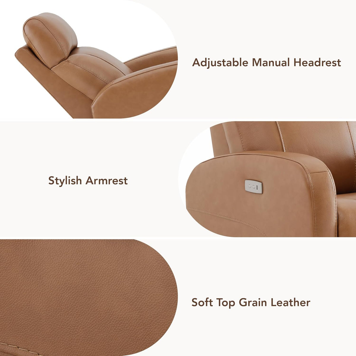 Genuine Leather Power Recliner Chair for Adults, Swivel Glider, Brown