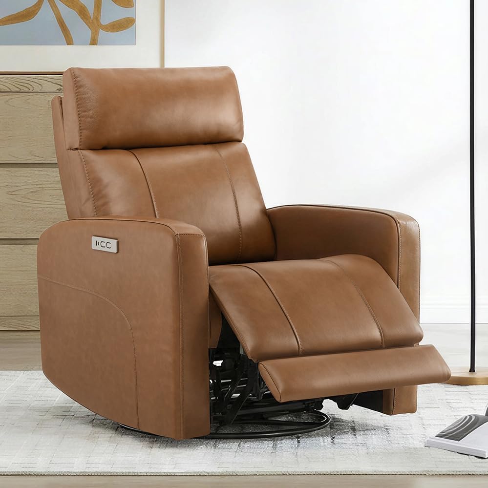 Genuine Leather Power Recliner Chair for Adults, Swivel Glider, Brown
