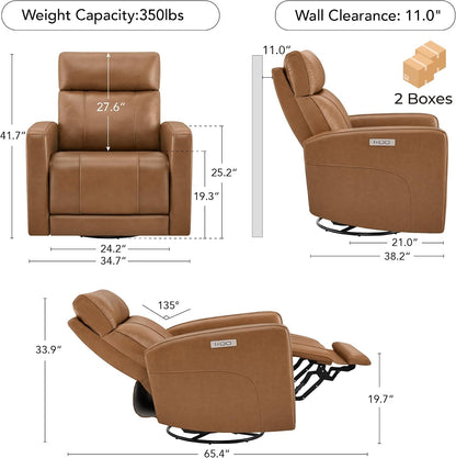 Genuine Leather Power Recliner Chair for Adults, Swivel Glider, Brown