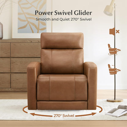 Genuine Leather Power Recliner Chair for Adults, Swivel Glider, Brown