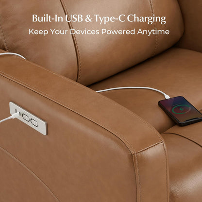Genuine Leather Power Recliner Chair for Adults, Swivel Glider, Brown