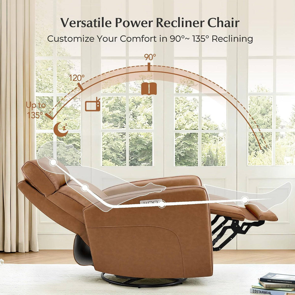 Genuine Leather Power Recliner Chair for Adults, Swivel Glider, Brown