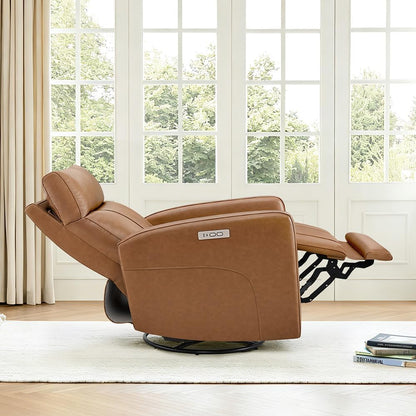 Genuine Leather Power Recliner Chair for Adults, Swivel Glider, Brown