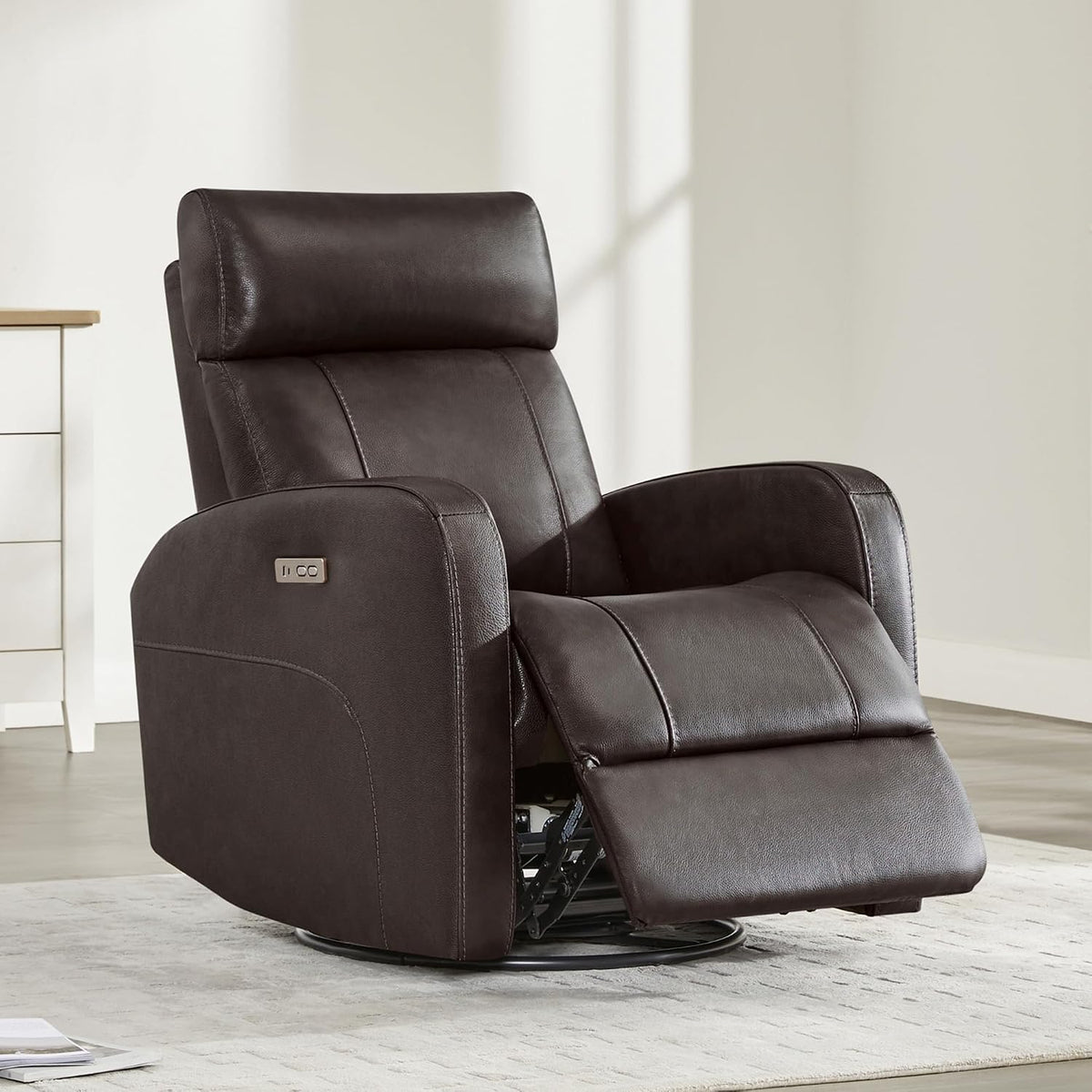 Genuine Leather Power Recliner Chair for Adults, Swivel Glider, Brown