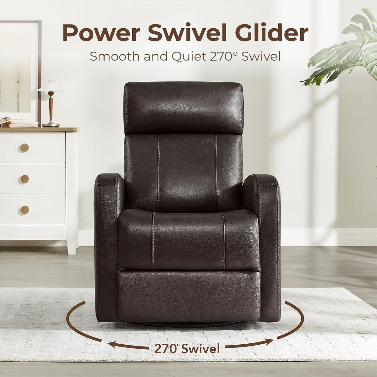 Genuine Leather Power Recliner Chair for Adults, Swivel Glider, Brown