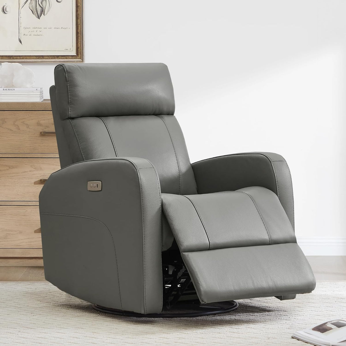 Genuine Leather Power Recliner Chair for Adults, Swivel Glider, Brown