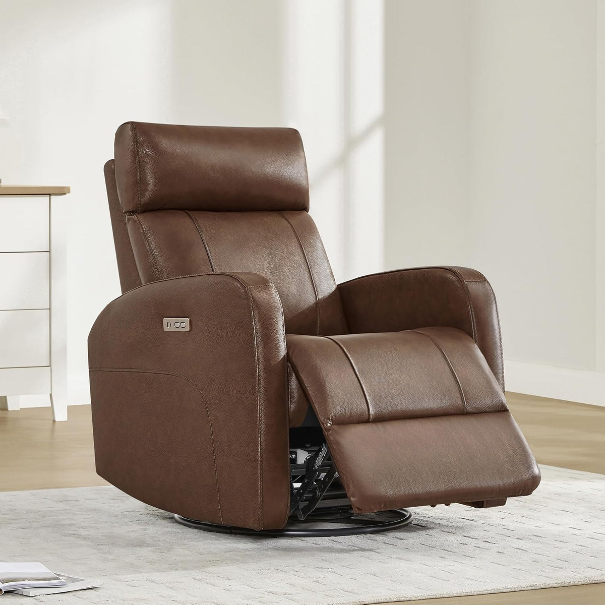 Genuine Leather Power Recliner Chair for Adults, Swivel Glider, Brown