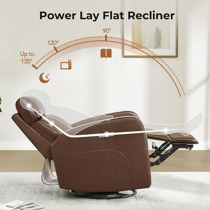 Genuine Leather Power Recliner Chair for Adults, Swivel Glider, Brown