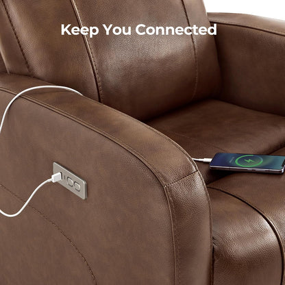 Genuine Leather Power Recliner Chair for Adults, Swivel Glider, Brown