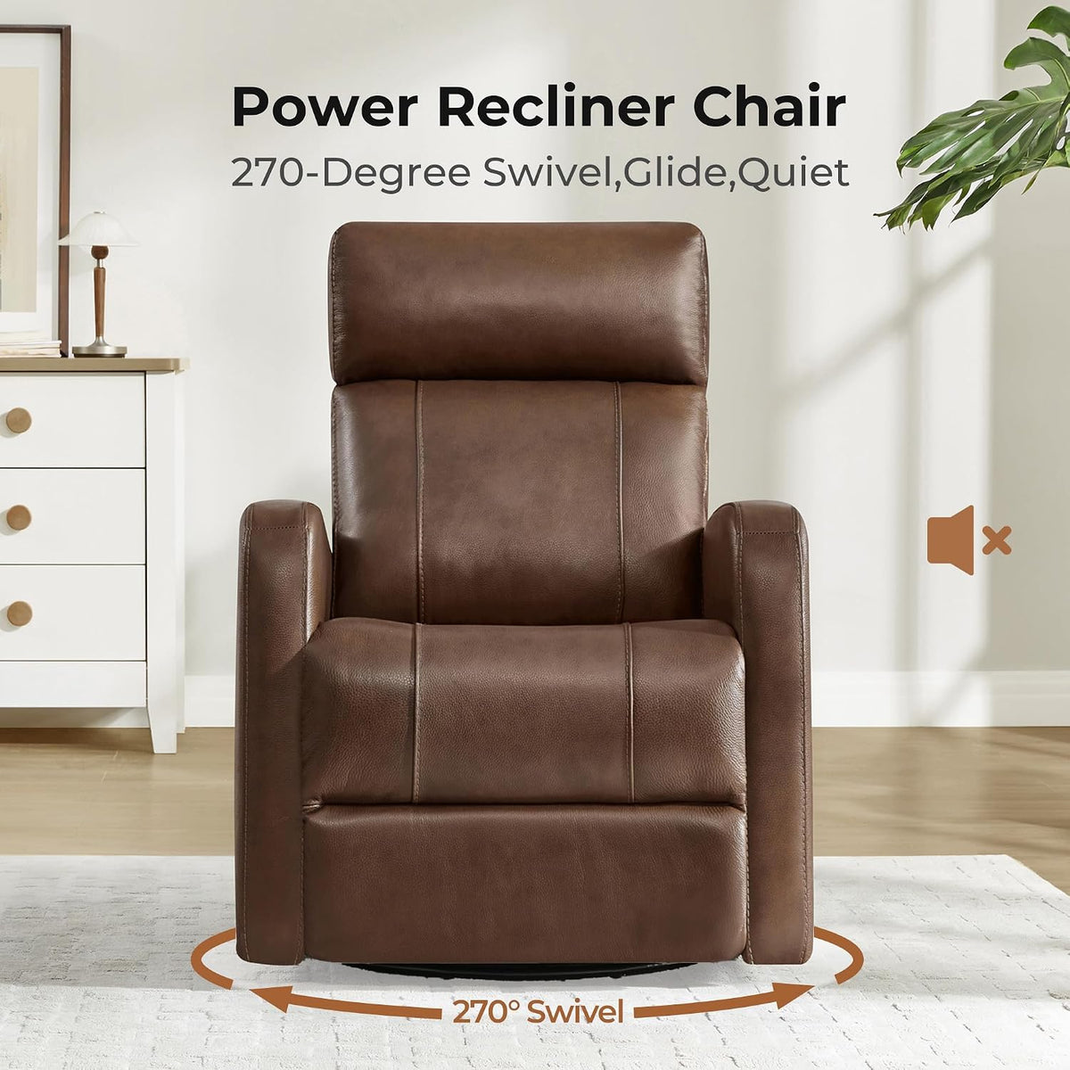 Genuine Leather Power Recliner Chair for Adults, Swivel Glider, Brown