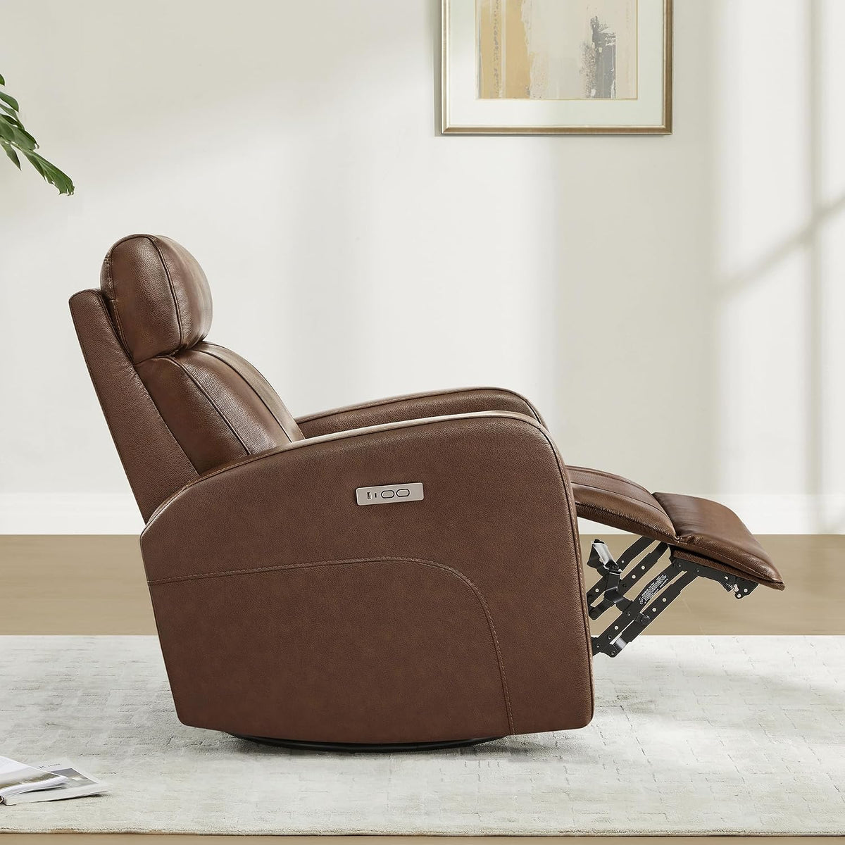 Genuine Leather Power Recliner Chair for Adults, Swivel Glider, Brown
