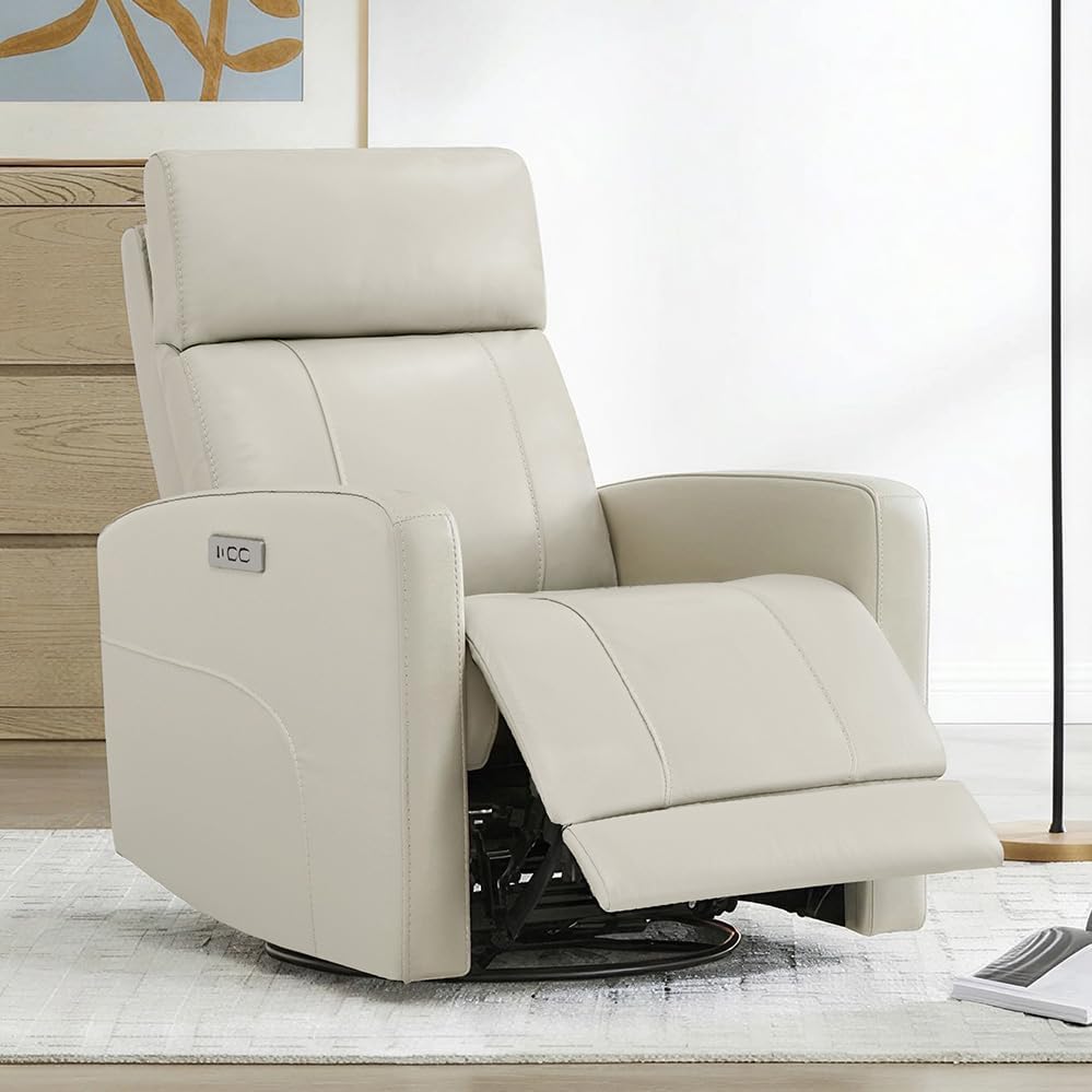 Genuine Leather Power Recliner Chair for Adults, Swivel Glider, Brown