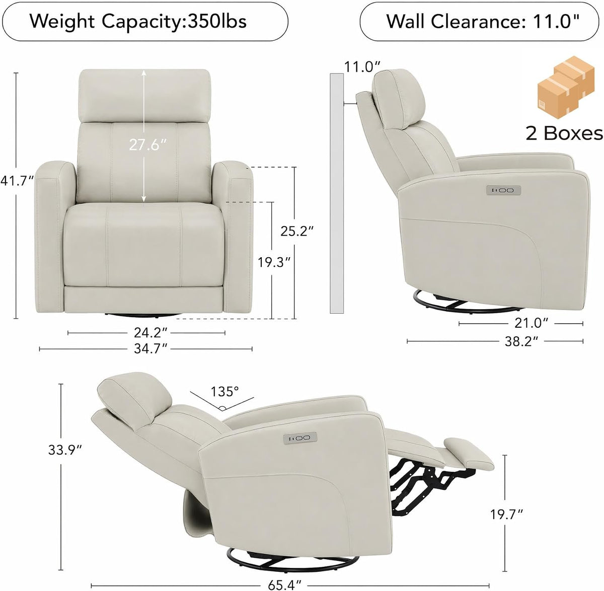 Genuine Leather Power Recliner Chair for Adults, Swivel Glider, Brown