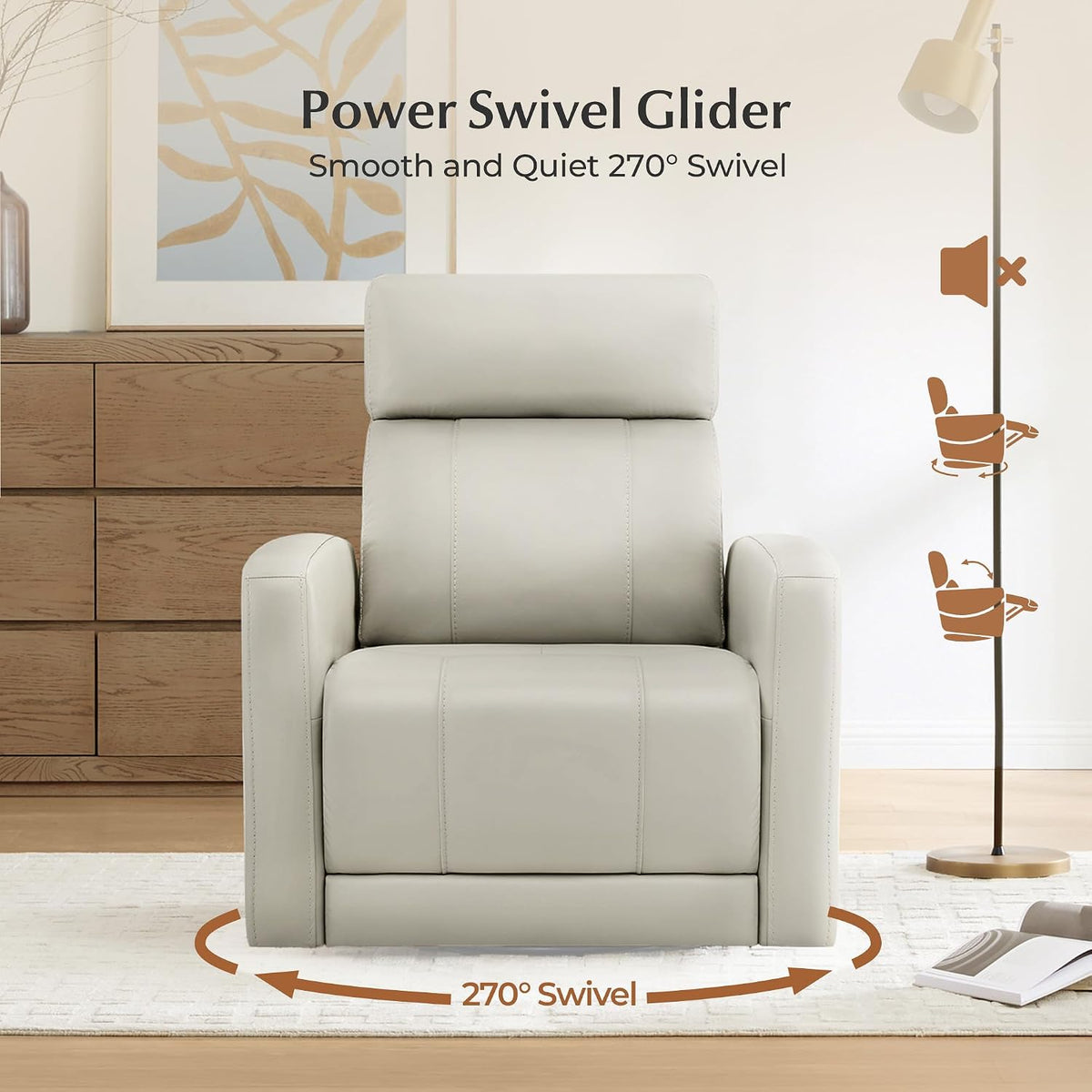 Genuine Leather Power Recliner Chair for Adults, Swivel Glider, Brown