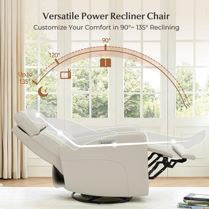 Genuine Leather Power Recliner Chair for Adults, Swivel Glider, Brown