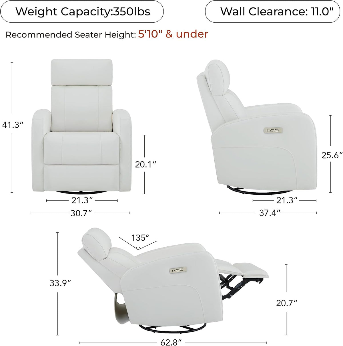 Genuine Leather Power Recliner Chair for Adults, Swivel Glider, Brown