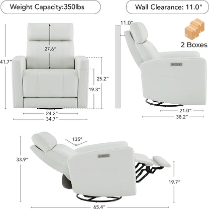 Genuine Leather Power Recliner Chair for Adults, Swivel Glider, Brown
