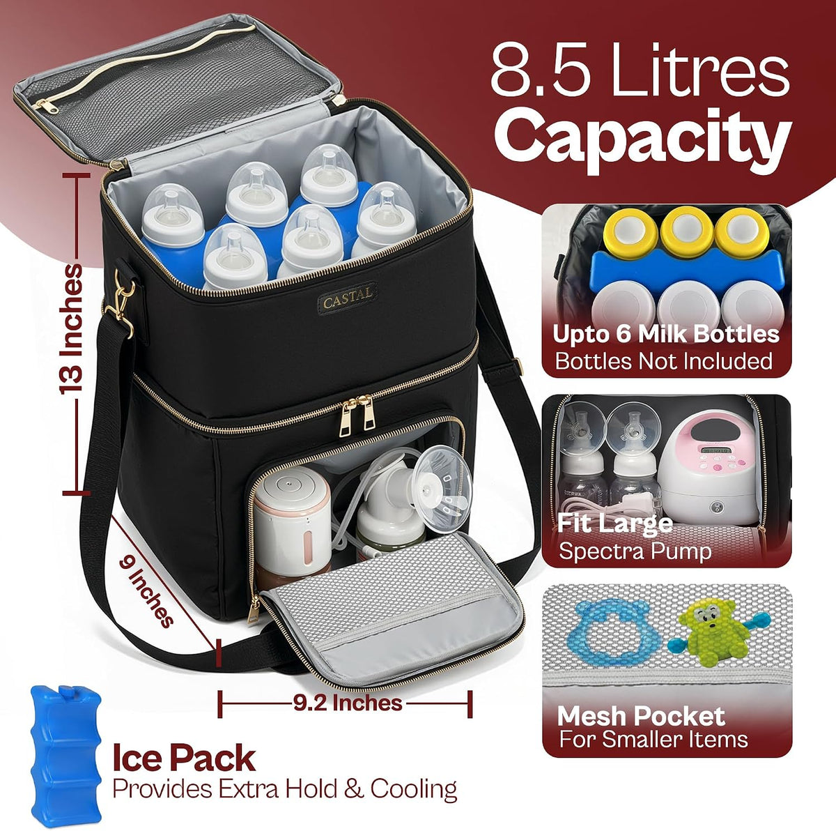 Breast Pump Bag Spectra S1 S2–Insulated Spectra Pump Bag, Breastmilk Cooler Bag with Ice Pack–Leak-Proof Double Layer Breast Pump Travel Bag (Black)